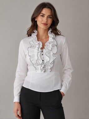 ELLY. Elegant Metallic White Ruffled Women's Blouse.